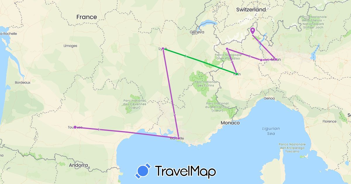 TravelMap itinerary: driving, bus, train in France, Italy (Europe)